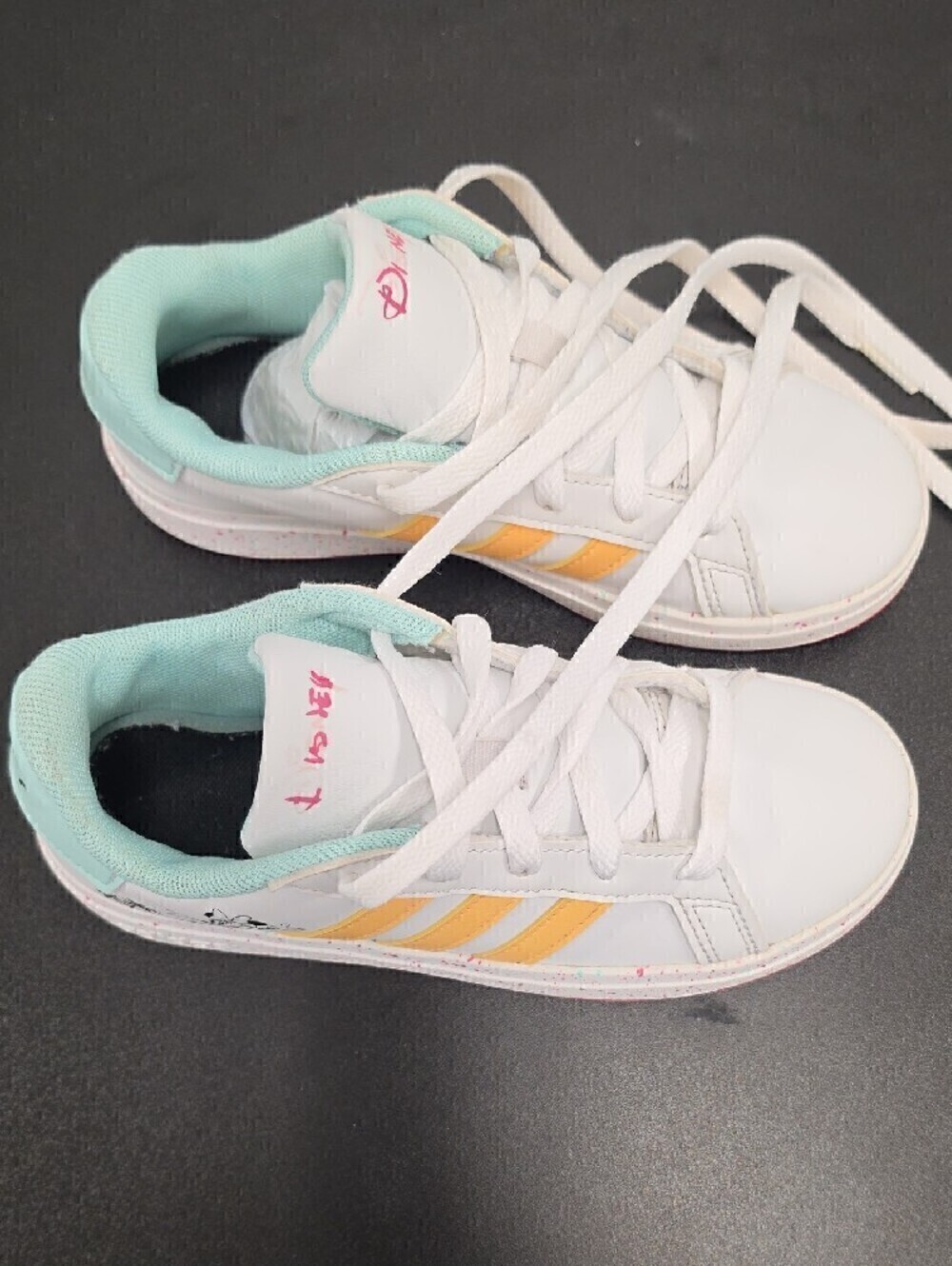 Kids Adidas Disney Logo White Sneakers with Yellow Stripes and Mint Lining - Picture 2 of 6